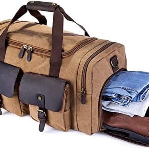 YSHFOX Canvas Duffle Bag Genuine Leather Weekend B